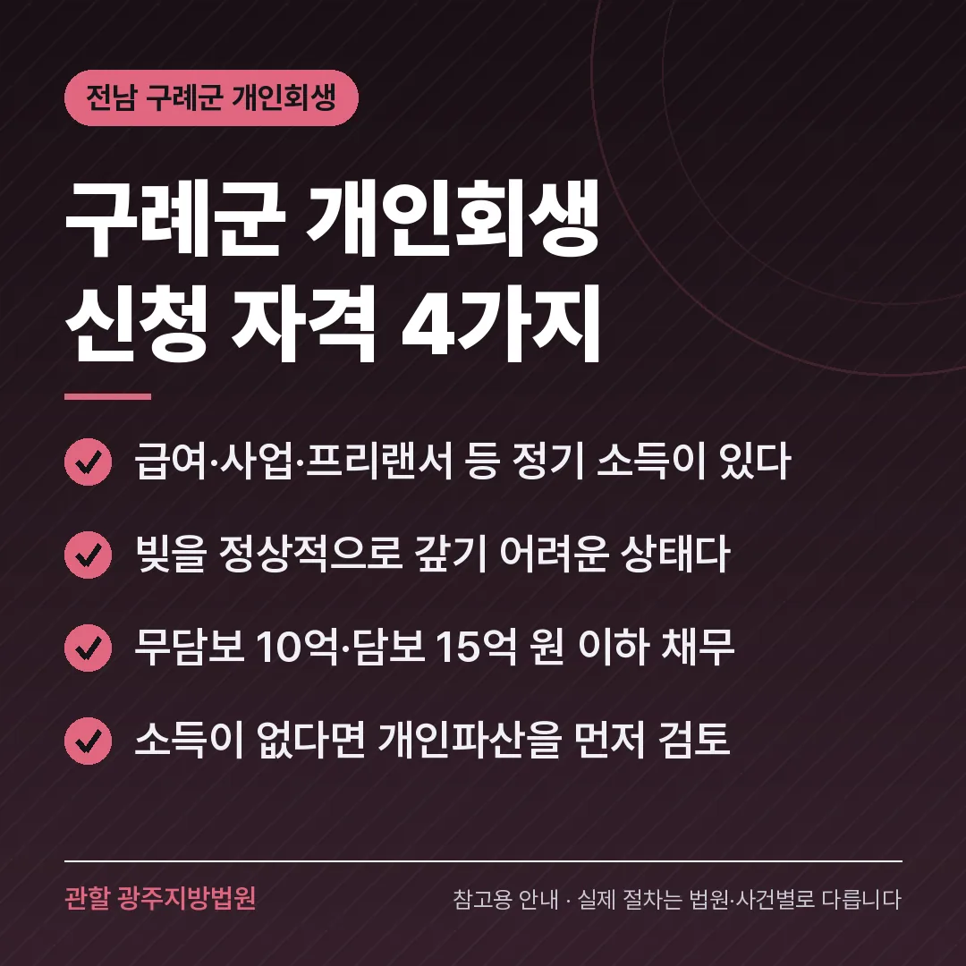 전남 구례군 개인회생 신청 자격 4가지 전남 구례군 개인회생 신청 자격 4가지