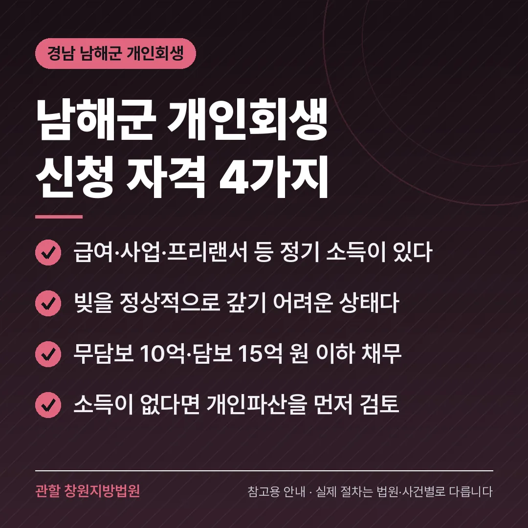 경남 남해군 개인회생 신청 자격 4가지 경남 남해군 개인회생 신청 자격 4가지